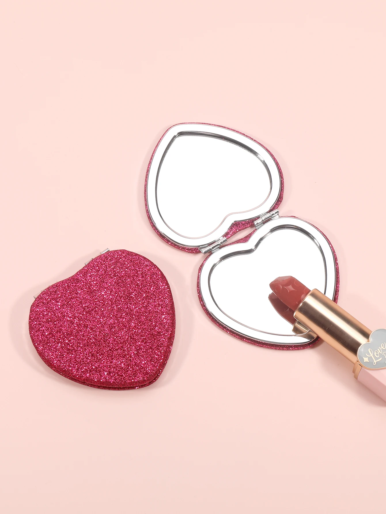 1PC Heart Shape Loose Powder Double Sided Makeup Mirror Portable For Girlfriend Mum Wife Teacher Sister Auntie Birthday Wedding