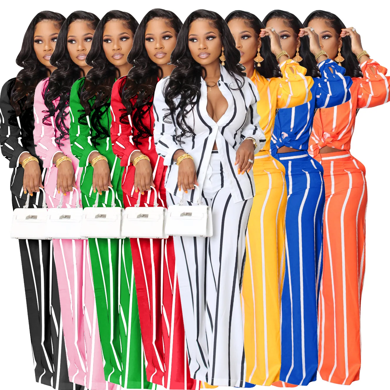 

AL221 Women's Printed Striped Shirt Set Two-piece Set Long Sleeve Loose Straight
