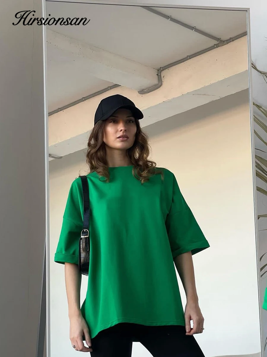 Hirsionsan 100% Cotton T Shirt Women 2024 Summer New Oversized Solid Tees Casual Basic Loose Tshirt Chic O Neck Female Tops