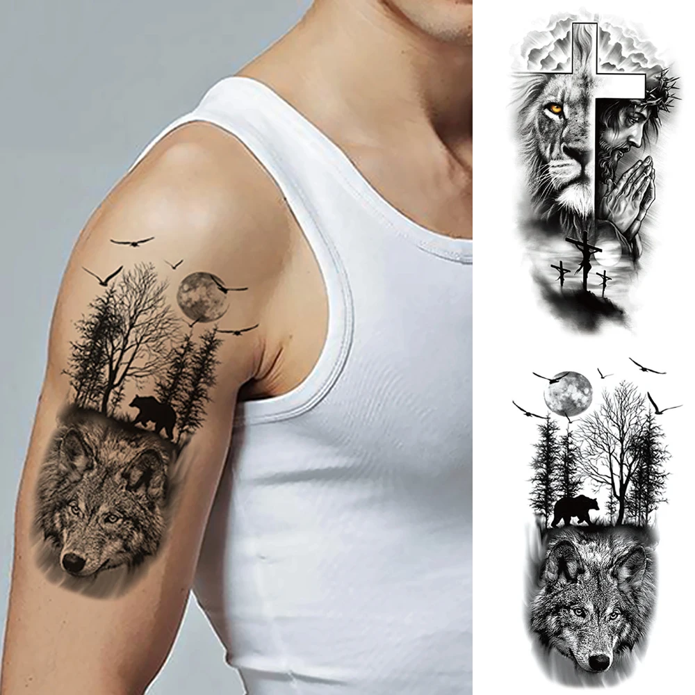 1pc impermeabile tatuaggio temporaneo adesivo leone lupo orso croce foresta luna Body Art braccio tatuaggi finti manica per donna uomo gamba