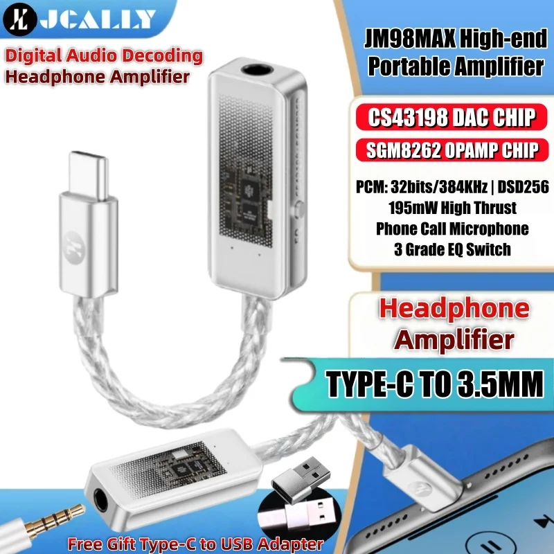 

JCALLY JM98MAX Type-C to 3.5mm Dual DAC CS43198 SGM8262 OPAMP Senior Digital Audio Decoding Earphone Amplifier USB C AMP Adapter