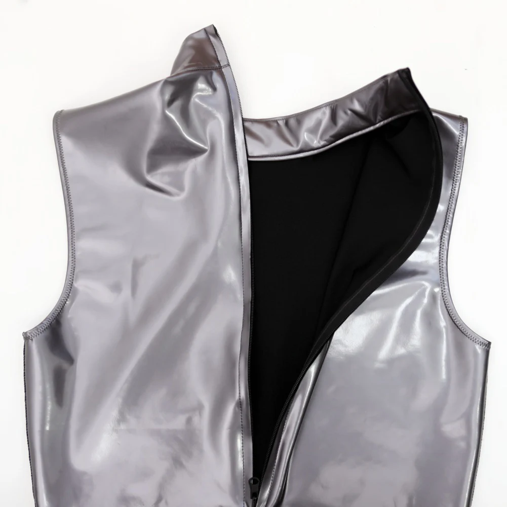Men Faux Latex PU Leather Bodysuit Shiny Tight Corset Tank Tops With Front U Pouch Crotch Zip Up For Club Party Nightwear