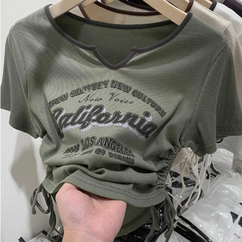 Summer Women Letter Printing V-neck Tops Lady Drawstring Tie Up Short sleeved T-shirt Female Comfortabl Korean Designer Clothes