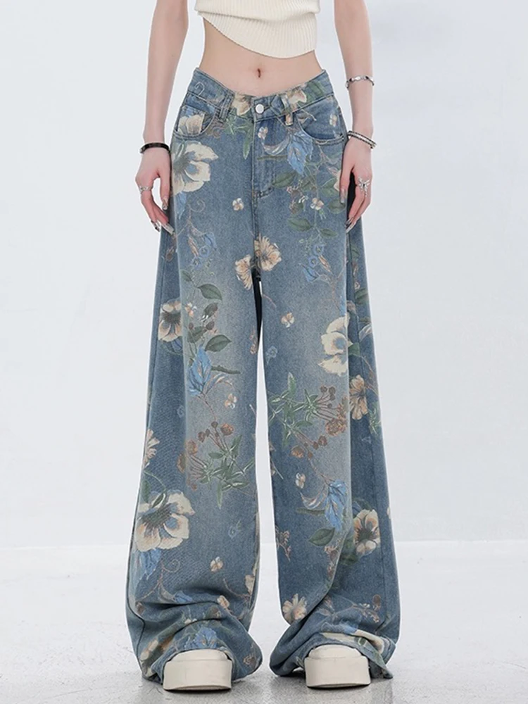 Summer Chic Vintage Printing Loose Straight Women Jeans American Basic Full Length Fashion Contrast Color Female Wide Leg Pants