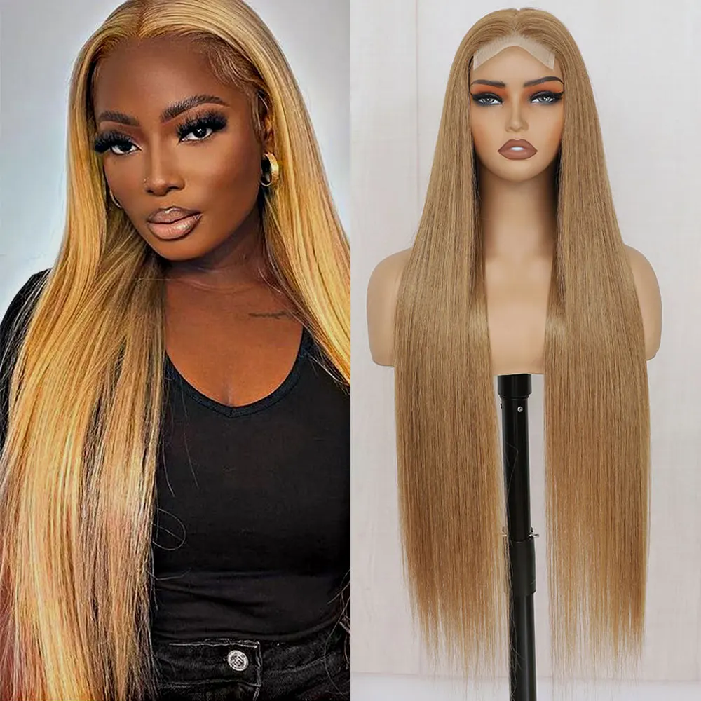 

Выделите 36-дюймовые прямые парики фронта шнурка 4x4 Синтетические термостойкие Ombre Коричневый Медовый Блондин 27-613 Парик фронта шнурка для косплея