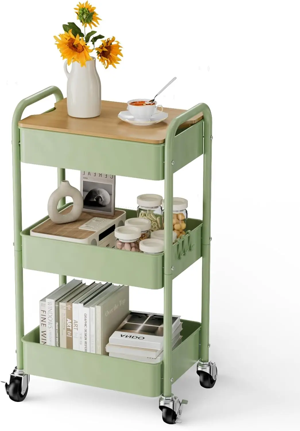 

3-Tier Rolling Cart with Table Top, Sturdy Metal Storage Organizer with Locking Wheels for Office, Kitchen, Bathroom
