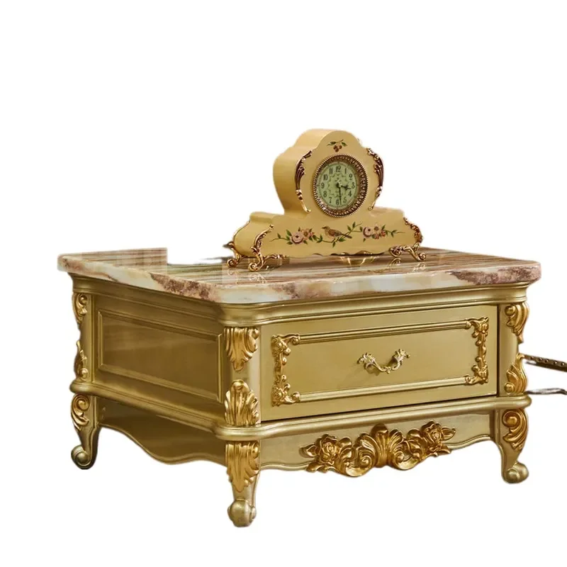 European Gold Side Table Solid Wood Carved Flower Square Living Room Sofa Corner End Table for Home Hotel Furniture