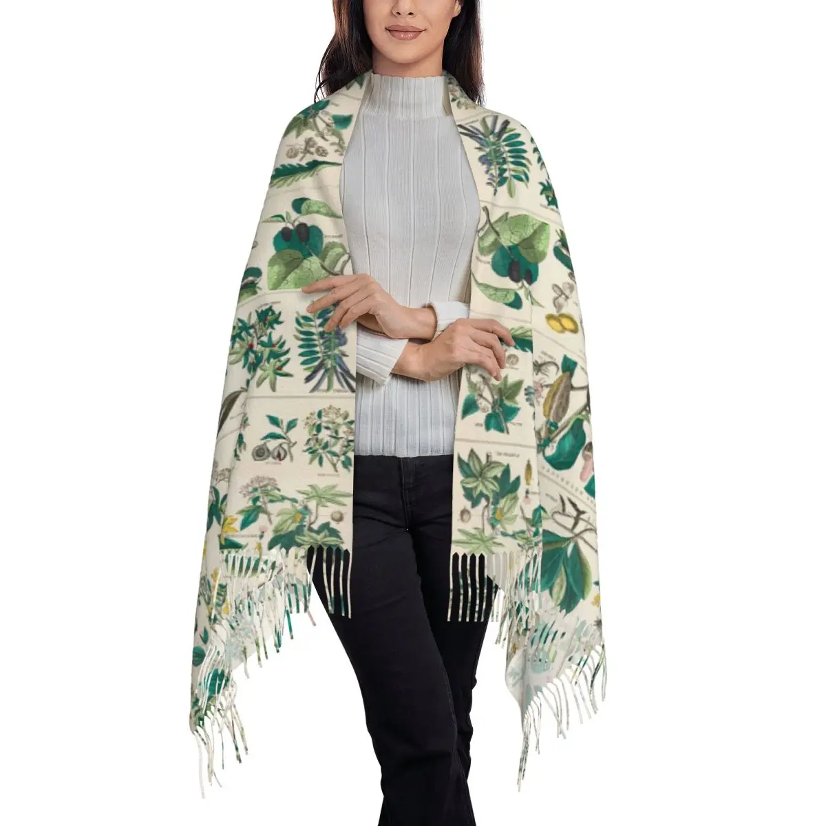 Antique Plant Chart Scarf Tassel Scarves Women Soft Warm Shawls and Wraps Large Fall Winter Shawl Wrap