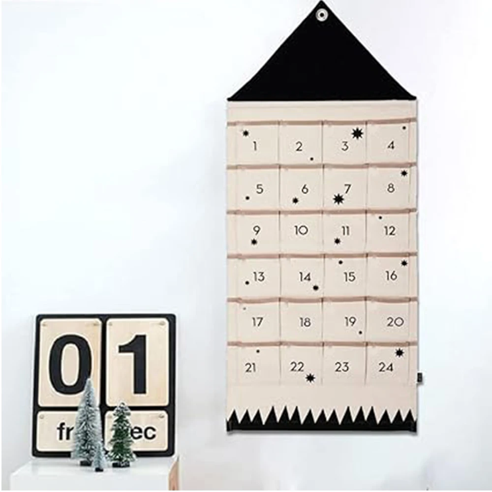 Christmas Advent Calendar Canvas With Roof Door 24 Pockets Gift Snacks Coins Organizer Wall Hanging Pocket Sundries