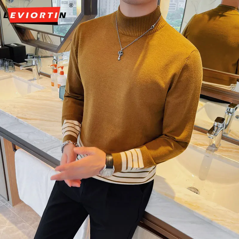 

Spring and Autumn Men's Half High Neck Casual Sweater Knitwear Urban Top Pullover Long Sleeve Foreign Trade Couple Bottom Shirt