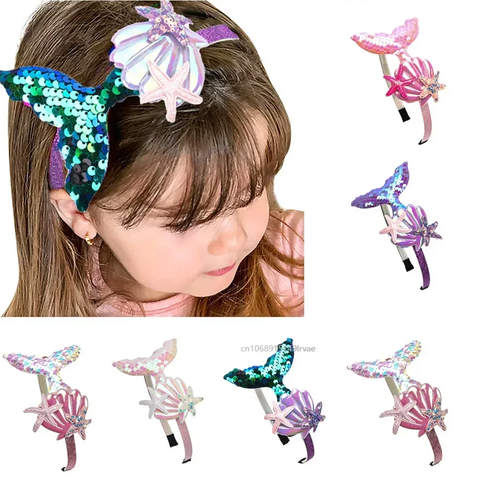 Girls Hairbands Mermaid Headwear Color Sequin Shells Shiny Princess Sweet Children\'s Hair Accessories Photo Prop Party Favors