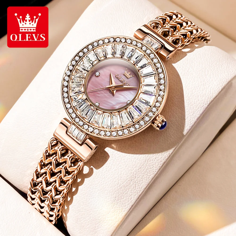 OLEVS Brand Fashion Shiny Crystal Quartz Watch for Women Rose Gold Stainless Steel Strap Waterproof Luxury Diamond Watches Women