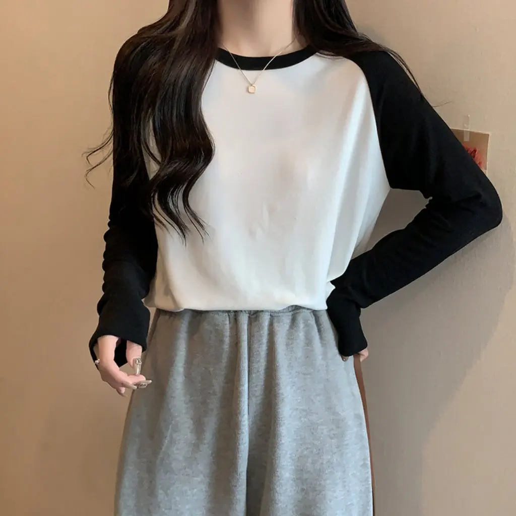 

Women's Korean Style round Neck Long Sleeve T-shirt Soft Skin-Friendly Warm Loose Slimming Versatile Bottoming Top