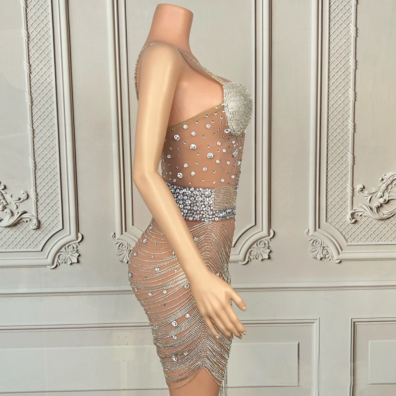 فستان مثير بسلسلة من أحجار الراين الشبكية للنساء فساتين حفلات رقص الجاز ملابس مهرجان المسرح بار ملهى ليلي DJ Gogo زي XS10627 #4