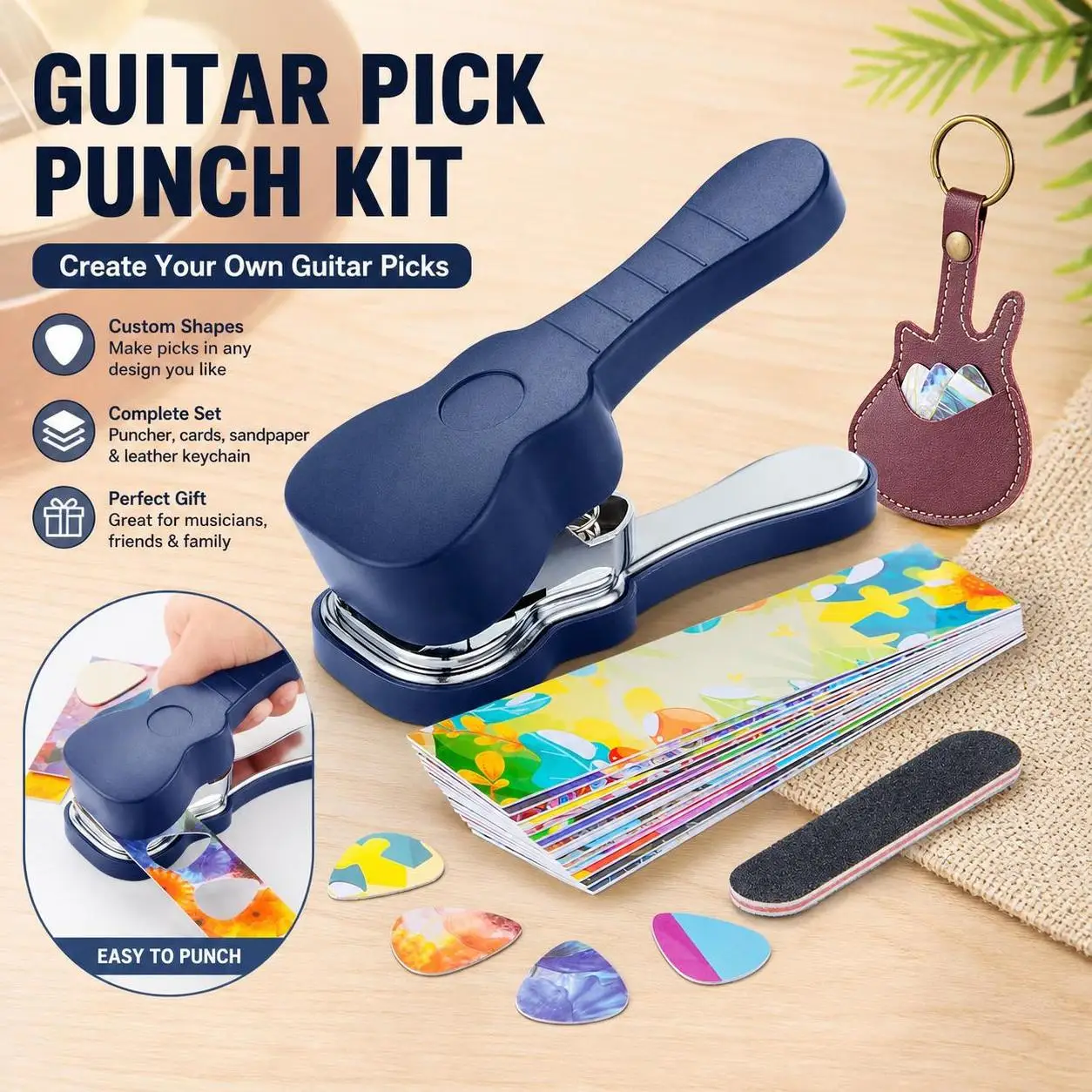 Guitar Pick Punch Maker Set with 15 Pick Strips Sanding Strips Storage Pouch DIY Guitar Picks Making Tool for Music Lovers