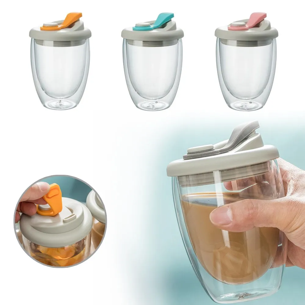 Cute Portable Water Cup Double Wall Glass Cup With Leak-Proof LidTransparent Insulated Coffee Cups Milk Tea Juice Mug Dinkware