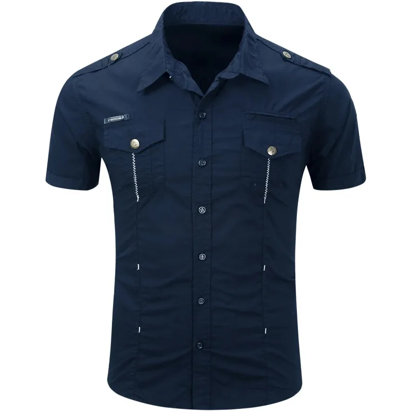 2025 Men's Casual 100% Cotton Military Tactical Shirt Summer Short Sleeve Solid Color Cargo Work Shirts with Pocket