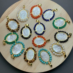 Oval Medal Guadalupe Virgin Mary Necklace Pendants Natural Irregular Freshwater Pearl Stone Beads MOP Shell For Jewelry Making
