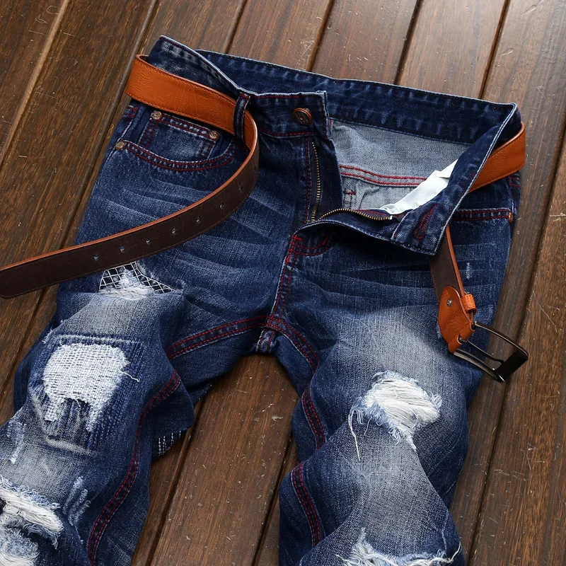 Knielange zerrissene Vintage-Jeans für Herren (ohne Gürtel), Hip-Hop, High Street, Motorrad, modisch, lässig, gerade Denim-Hose, männlich