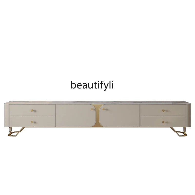 

Modern light luxury TV cabinet rock slab high-end living room rectangular saddle leather combination coffee table