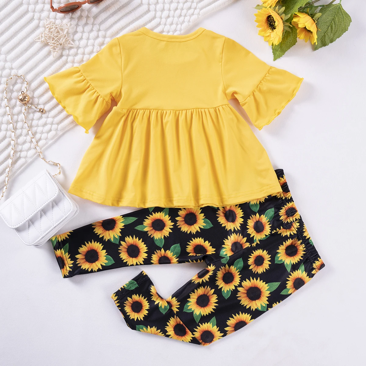 New Spring and Summer Toddler Girl\'s Suit Lotus Leaf Sleeve Top Sunflower Full Print Pants 2pcs Girl\'s Printed Leisure Suit 0-4Y