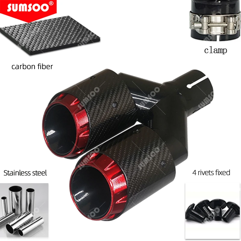 1 Stuks Ytype Dubbele Uitgang Uitlaatpijp Koolstofvezel Mondstuk Voor Uitlaatdemper Tuning Auto Universeel Voor Auto Uitlaatpunt Roestvrij Rood