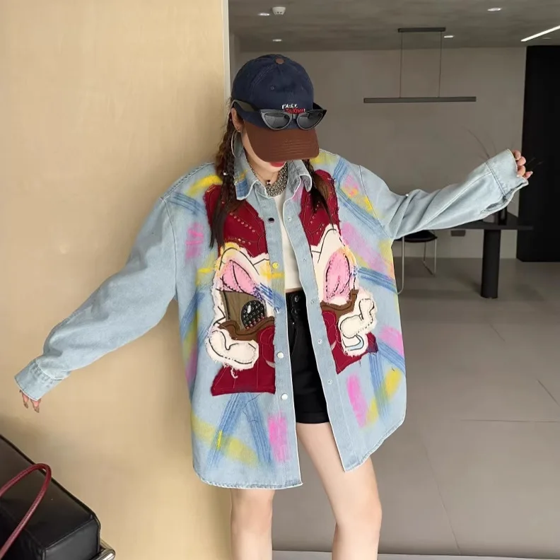 Trendy Brand Denim Jacket for Women Heavy Embellished with Rhinestones High-end Cartoon Shirt Design Mid-length Retro Cardigan