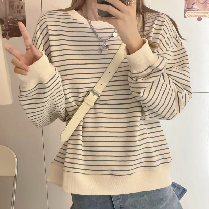Damen Herbst Aprikosenfarben Gestreiftes Neues T-Shirt Mädchen Studenten Koreanischer Stil Locker Sitzendes Oberteil Sweatshirt Rundhals Pullover Langarm T-Shirt – Detail 5