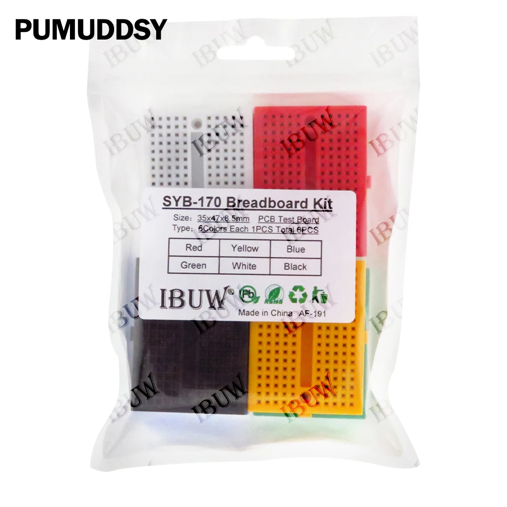SYB-170 Universal Solderless Prototype Breadboard 170 Tie-points Mini Breadboard DIY Kit White Green Black Red Yellow Blue Each1