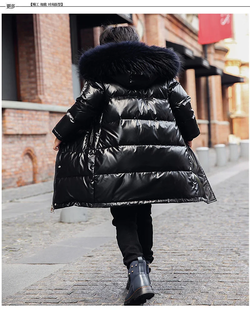 Winter Long Coats Boys Girls Shiny Outerwear Teenager Windproof Thicken Jackets Kids Fur Collar Overcoat Children Casual Clothes