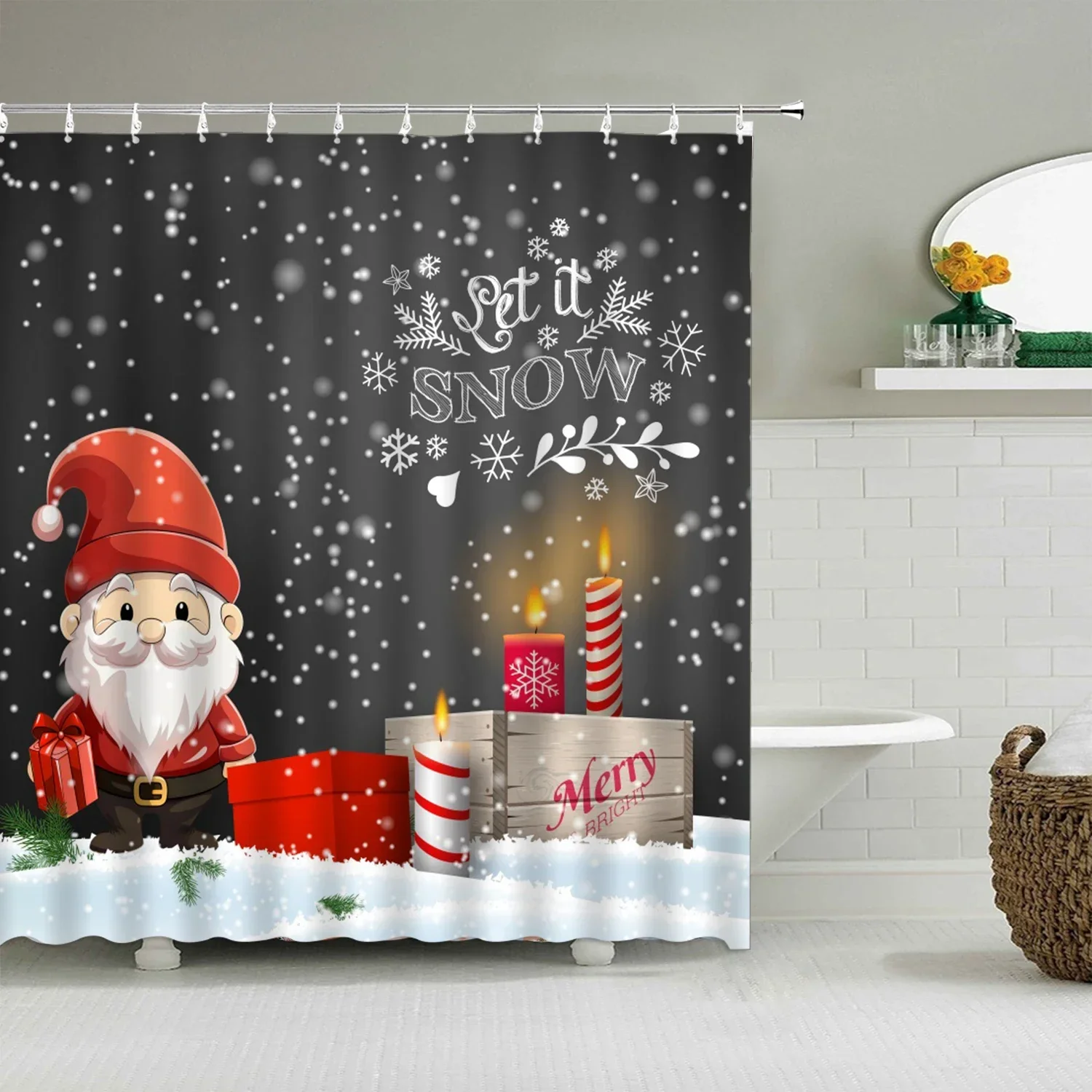 Christmas Shower Curtain Winter Snowman Gnome Christmas Tree Elk Cartoon Colorful Christmas Balls Dinosaur Bathroom Decoration