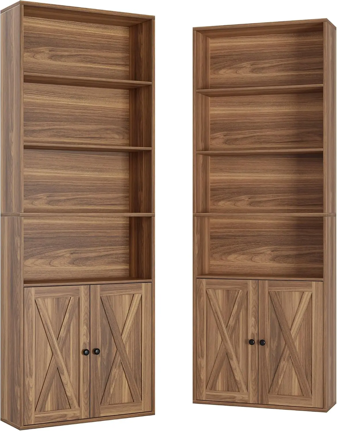 Set of 2, 70 Inch Tall Bookcase with Enclosed Doors, Freestanding Storage Cabinet Bookshelf for Indoor Home Storage, Oak Brown