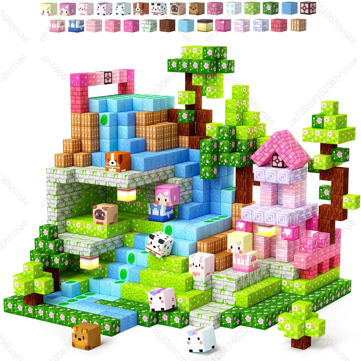 Magnetic Building Blocks Mine World Magnetic Pink Blossom Castle Brick Cube Toys Set STEM Sensory Toy Gift for 3+ Boy Girl Kid