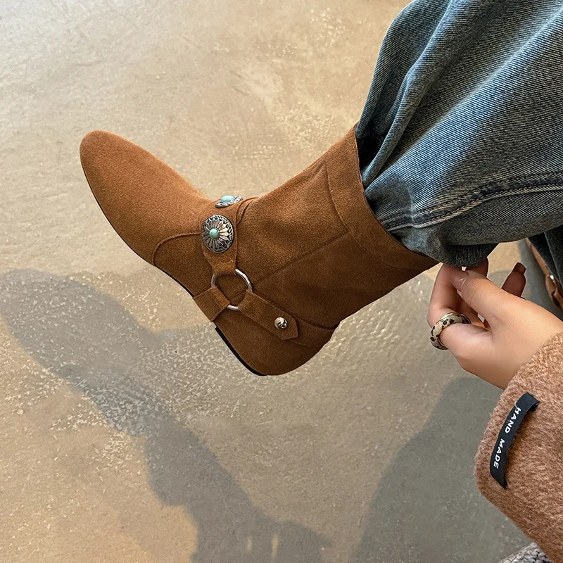 

Arden Furtado Autumn Cow suede rivet Increased Internal Short boots Round toe pull-on Middle heel Western boots Large size