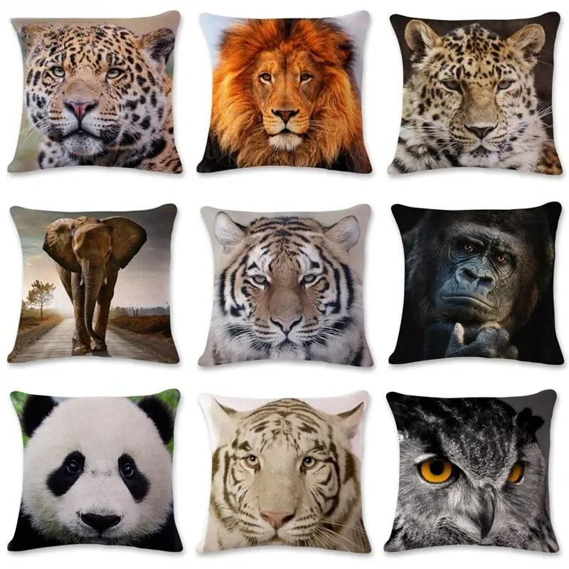 Linen Tiger Lion Pillowcase Home Decor Geometric Pillowcase Sofa Animal World Portrait Cushion Cover