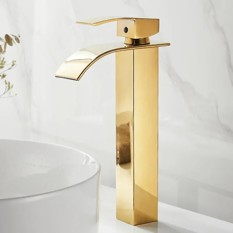 

Basin Faucet Gold Waterfall Faucet Bathroom Deck Mounted Bathroom Toilet Basin Faucet Mixer Tap Hot and Cold Sink