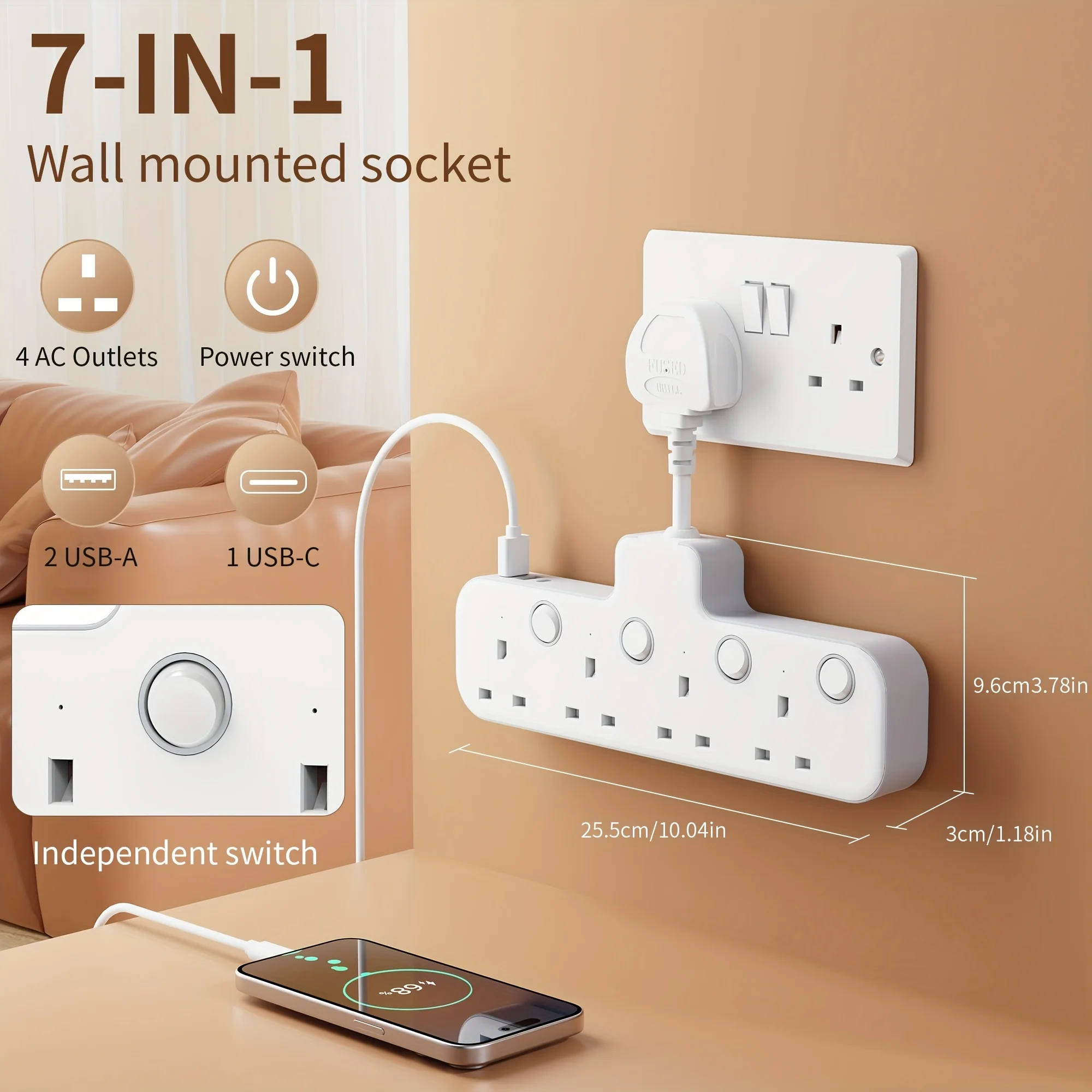 Standard Type g Plug Multi-Functional Wall-Mounted Power Socket, Multiple Power Expansion Outlets, Independent Power Control Switch, 3 USB Output Ports, Fire-Resistant Material, Surge Protection, Maximum Power 3250 Watts, Supports Simultaneous Use of Multiple Devices, Suitable for Use in Countries Such as the Uk/Saudi Arabia/Singapore/Malaysia/Qatar/Indonesia