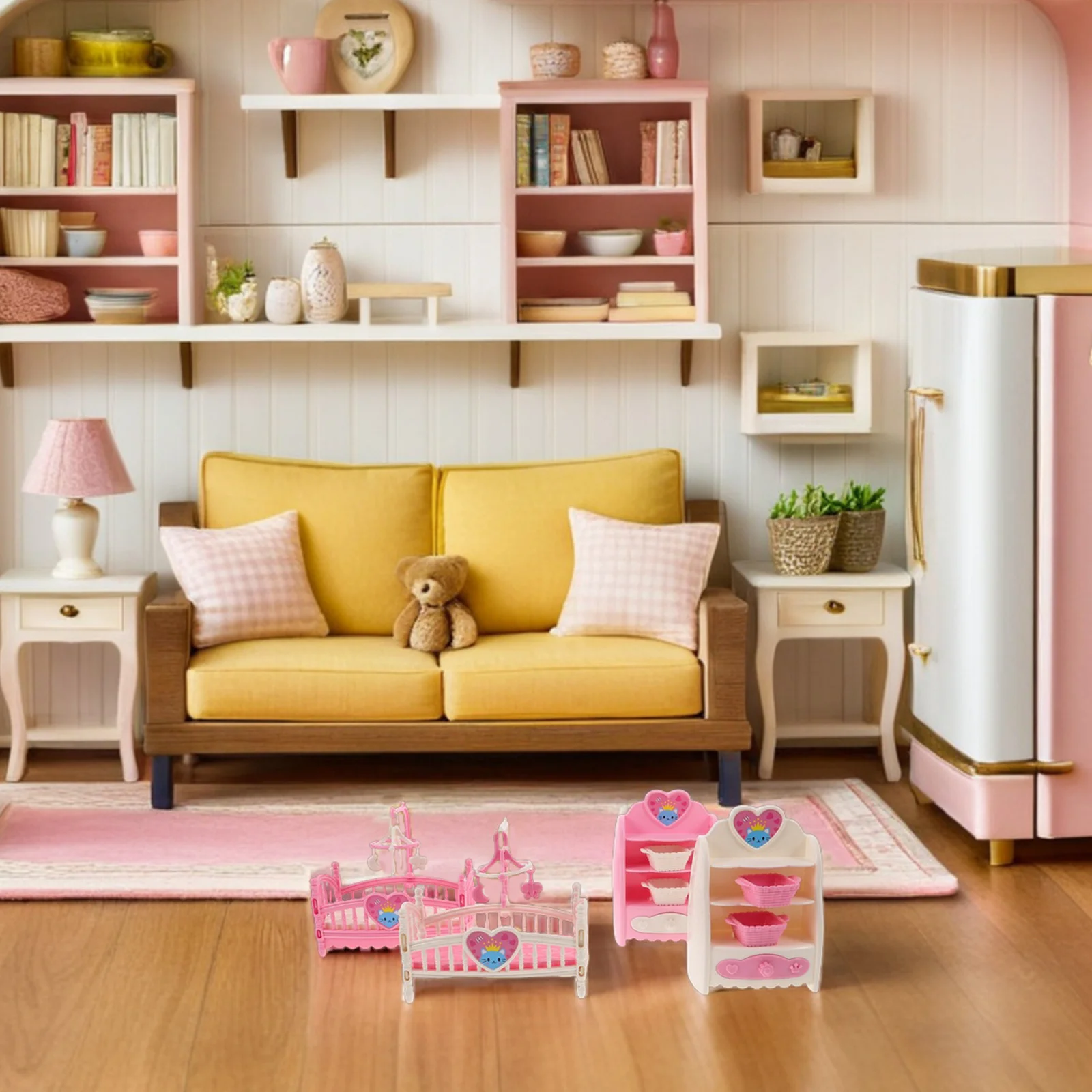 

4Pcs Dollhouse Mini Furniture Collection: Realistic Bed and Storage Cabinet for Creative Role Play and Bedroom Scene Arrangement