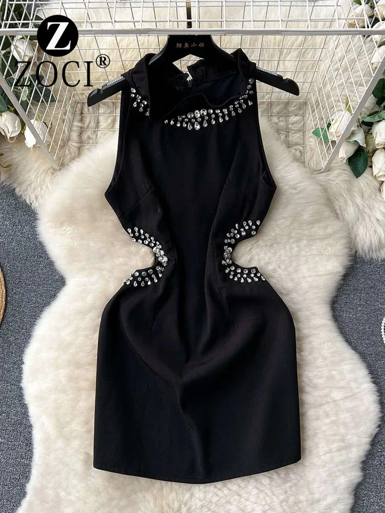 [ZOCI] High End Party Dress, Heavy Industry, Diamond Inlaid Hollow Waist Hanging Neck, Sleeveless Short Dress Trendy