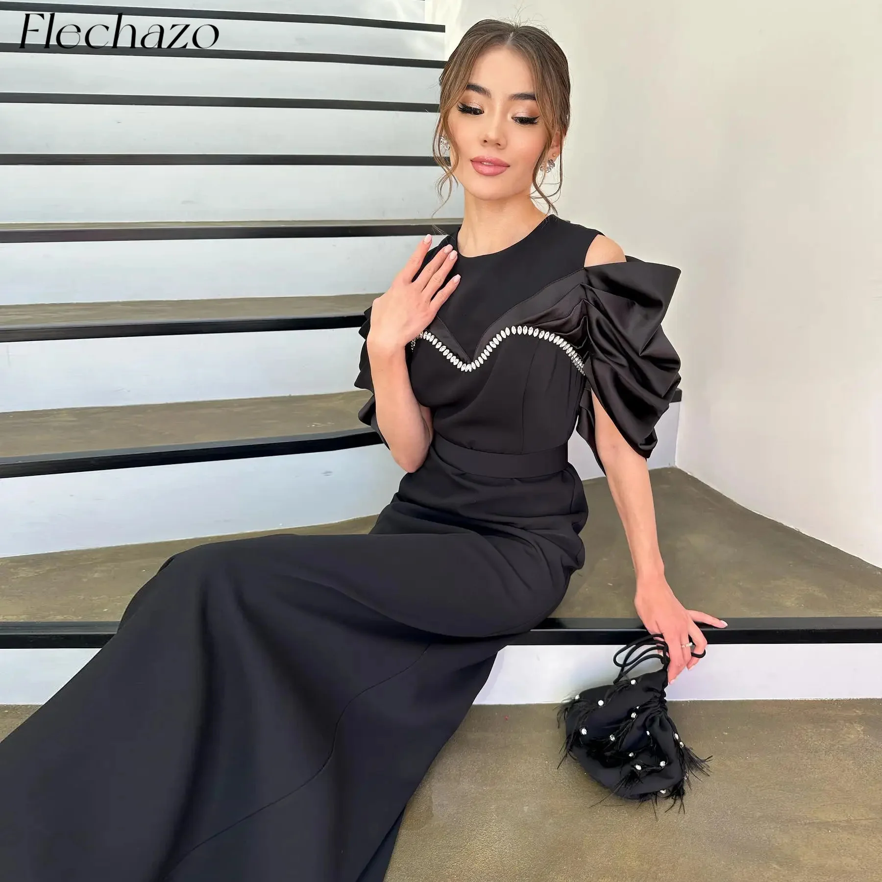 

Flechazo Black Evening Dresses O Neck Off Shoulder Beading Pleated Elegant Celebrity Party Dress For Women 2024 vestidos de gala