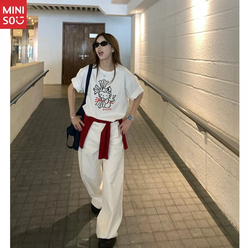 Camiseta de algodón Miniso Hello Kitty, camiseta holgada con borde dulce para verano