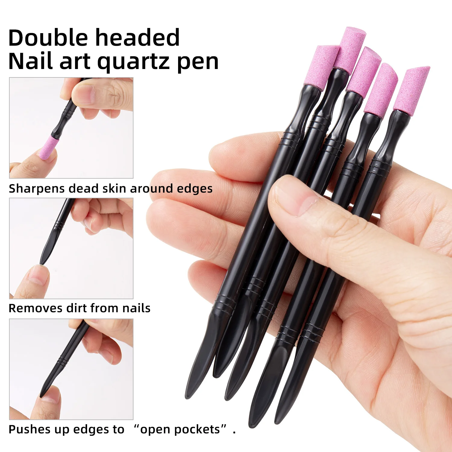 5Pcs Quartz Pen Nail  Cuticle Pushers Nail Polish Manicure Stick Nail Files Grinding Pen Dead Skin Remover for Natural Nail