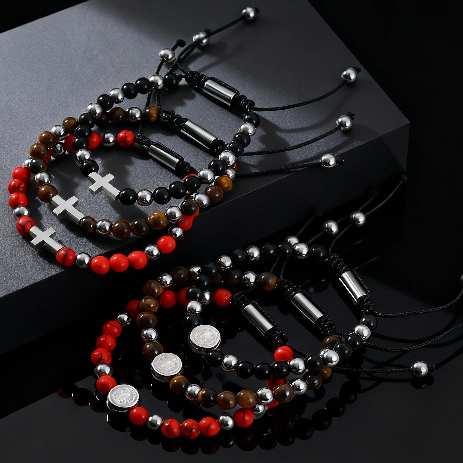 Pulsera de Cuentas de Piedra Natural de San Benito para Hombres y Niños, Cruz de Acero Inoxidable, Pulsera Ajustable, Joyería Religiosa Cristiana