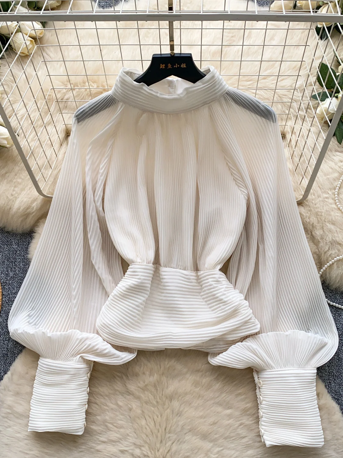 

Loose Lantern Sleeve Shirt Korean Commute Style Women's Spring Long Sleeve Gathered Waist High Collar Breathable Comfortable