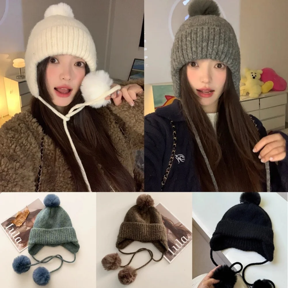 Корейский стиль, шерстяная шапка-бини, вязаная шапка-бомбер с ушками, утолщенная теплая вязаная защита ушей, декоративные аксессуары