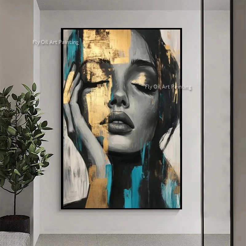 Fashional Black And Golden Yellow Women Face Oil Painting On Canvas Handpainted New Special Black White People Wall Art Decor