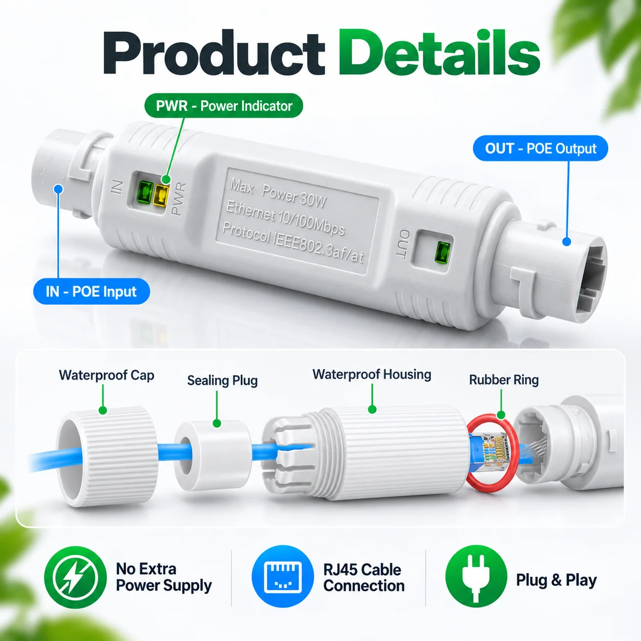 Outdoor Waterproof PoE Extender 48V IEEE802.3af/at 30W 10/100Mbps IP66 RJ45 Repeater Up to 500M for IP Camera AP