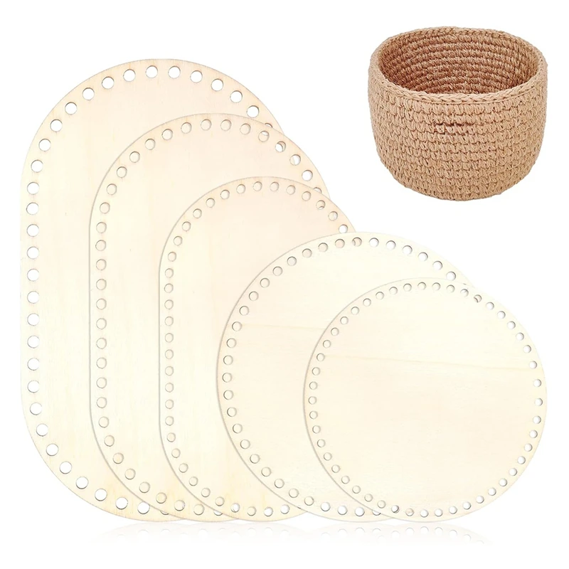 AA22-5PCS Wooden Basket Bottom, 5 Size Oval Circle Blank Solid Crochet Basket Wood Base For DIY Basket Craft Weaving Supplies