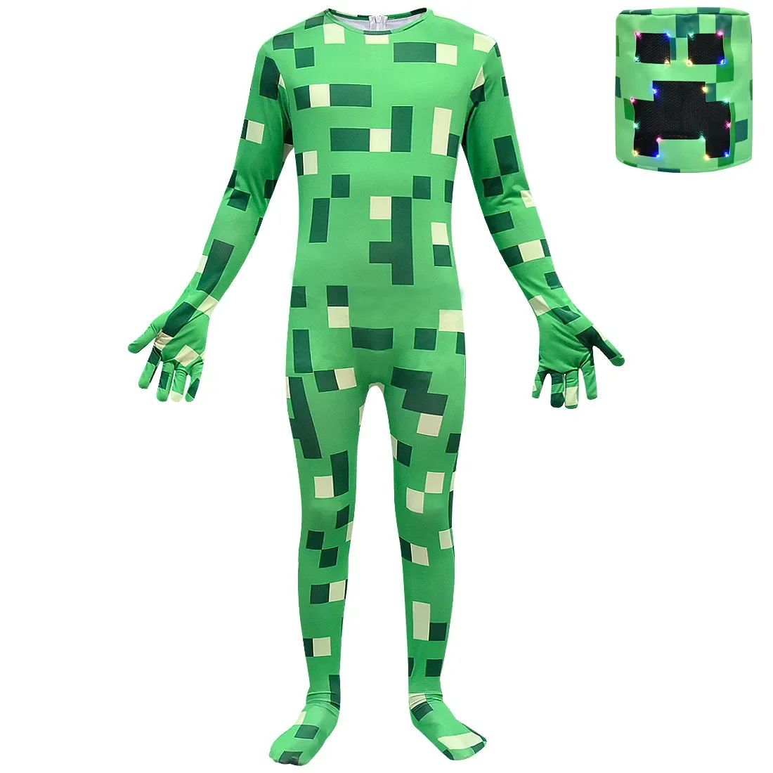 Kids Boys Girls Anime Game Green Check Print Long Sleeves Jumpsuit Mask Set Outfit Christmas Role Play Halloween Cosplay Costume