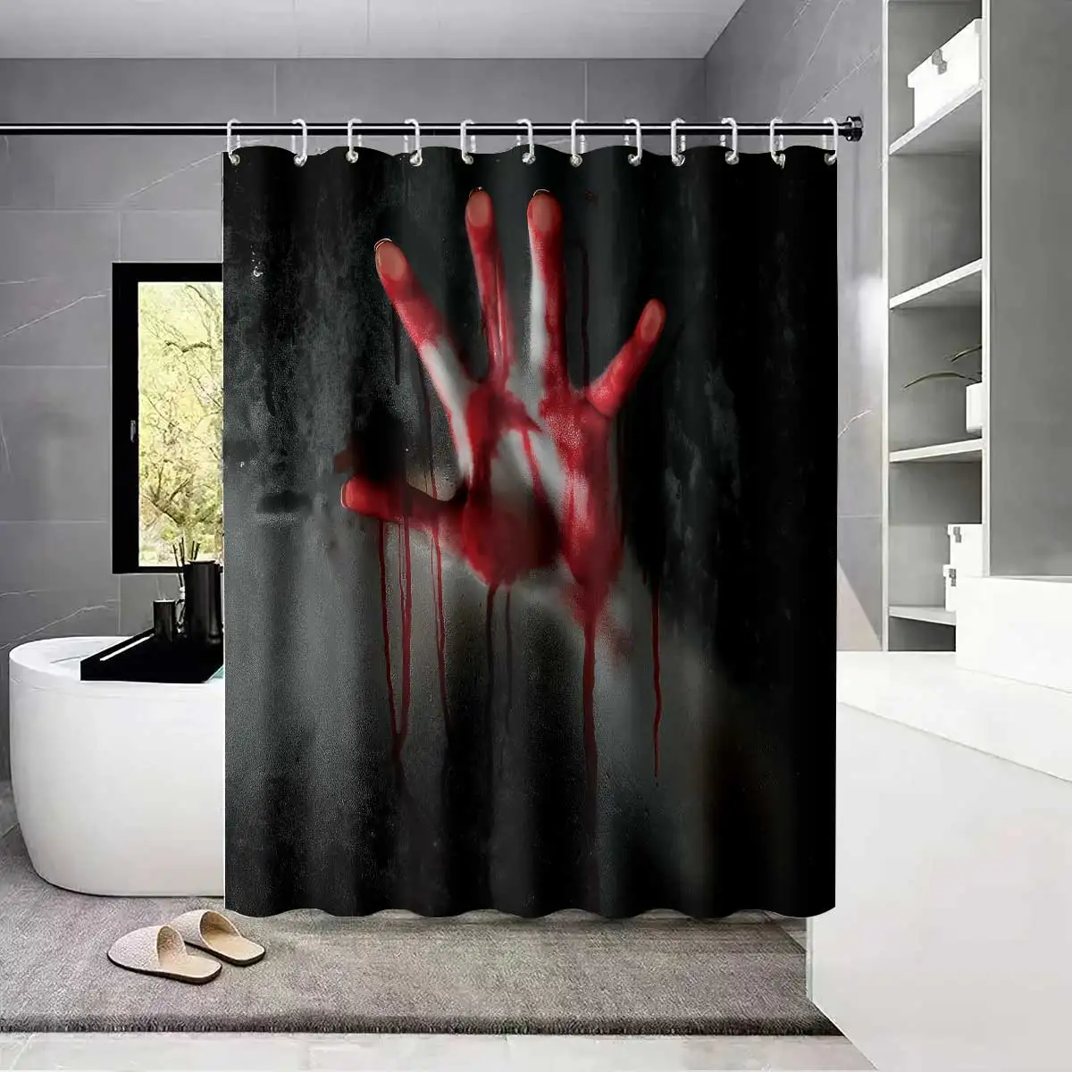 

"Red Handprint Shower Curtain – Horror Style Design with Blood Effect, Spooky Halloween Decor, Thriller Theme, Waterproof Fabric